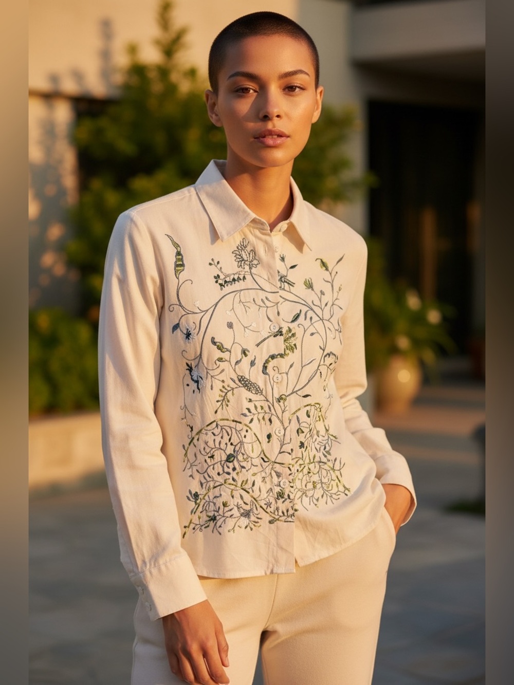 VINTAGE BOBBY CHAN Embroidered Silk Button Down Blouse M
